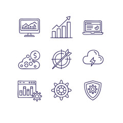 Business finance icons set including computer graph laptop money target cloud browser gear shield on white background