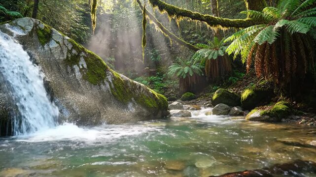 Lush waterfall forest moss rock river fern sunlight stream nature jungle scene with tranquil creek cascade, clear water woodland wilderness, misty rainforest sunlight ray over mossy rock and serene