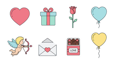 Valentine's Day Icons Set: Cupid, Heart, Rose, Gift, Balloons, Love Letter, Chocolates