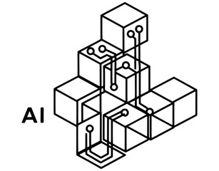 Fototapeta premium Modern Isometric AI Cube Network Illustration, Minimalist Artificial Intelligence Data Circuit Infrastructure, Black and White Vector for Tech Branding Isolated on White Background.