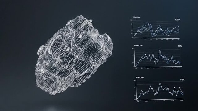 A rotating 3D wireframe engine component is dynamically monitored on a dark digital interface, displaying multiple real-time fluctuating data charts for system diagnostics.