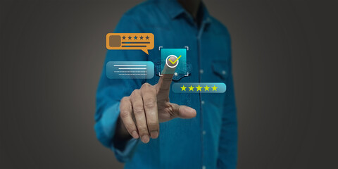 Fototapeta premium Hand touching approval check mark with customer rating interface for customer satisfaction, trusted feedback, service quality, approval process, and digital evaluation with copy space.