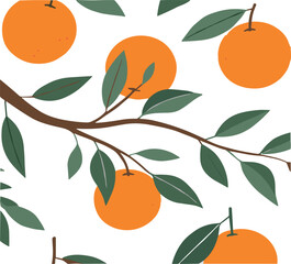 Seamless orange pattern with ripe citrus fruits on branches and green leaves, modern flat vector illustration for summer background
