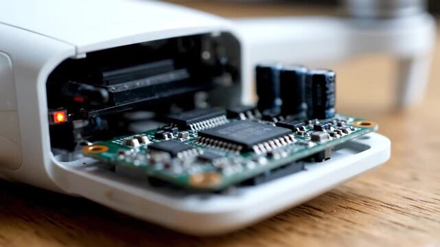 A close-up video shows the process of inspecting or dismantling a drone component. The internal circuit board is gradually pulled out from its white plastic housing, revealing intricate electronics a