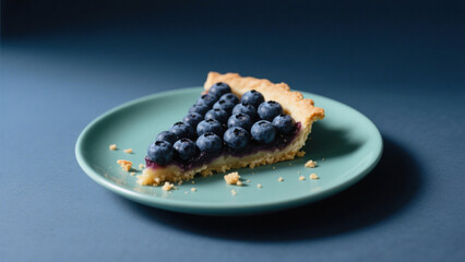 A slice of blueberry tart with fresh berries on a green plate, set against a dark blue background with soft lighting and crumbs scattered around