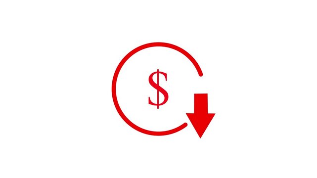 Reduce cost concept with dollar and down arrow animation,decrease icon. Reduce costs sign and symbol white background. new business idea video.