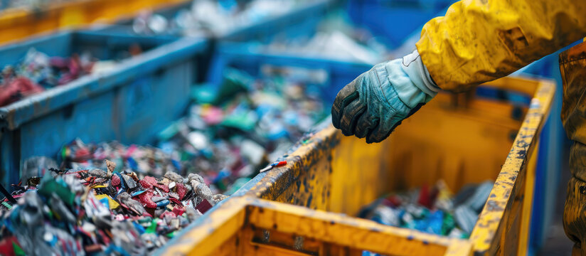Worker Sorting Plastic Waste on Conveyor Belt at Recycling Plant