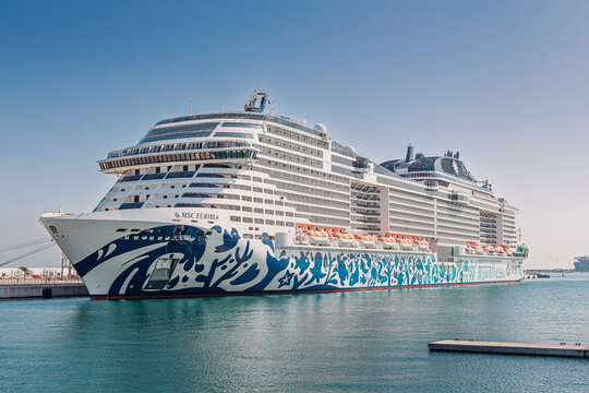 30 November 2025, Doha, Qatar: MSC Euribia cruise ship porting, showcasing its distinctive hull artwork. Nautical travel and vacation concept
