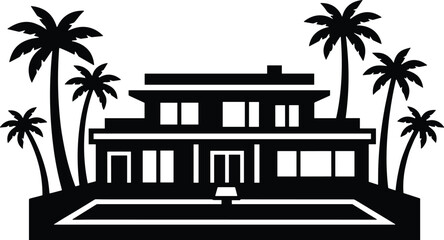 Minimal vector silhouette, luxury villa with palm trees, solid black, isolated on white.