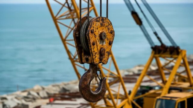 Rusty crane hook and pulley system at construction site by the ocean