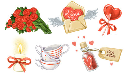 Set of objects for decorating a Valentine's Day party - love potion, bouquet, letter, cups, candle and an candy heart