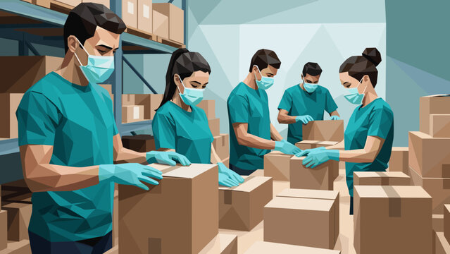 Warehouse workers wearing masks and gloves organizing boxes in low poly style