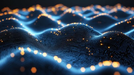 Abstract undulating blue waves with scattered golden points of light, a visualization