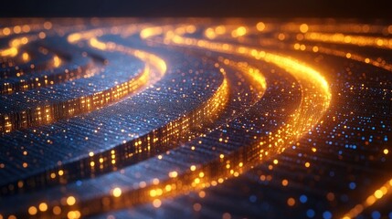 Abstract digital art with flowing golden lines and blue dots, resembling pathways or energy flow