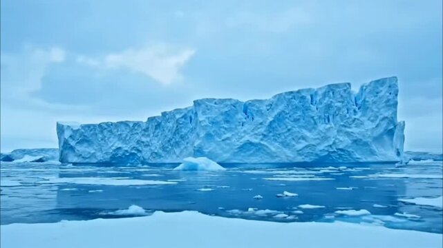 A massive iceberg floats serenely in the icy waters under a cloudy sky, captured from a distant viewpoint.