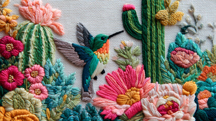 Obraz premium Detallado bordado artesanal con colibríes y flores exóticas del desierto, fondo textil maximalista con patrón de cactus y colibrí bordado, primer plano macro de artesanía de bordado