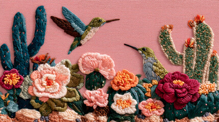 Fototapeta premium Detallado bordado artesanal con colibríes y flores exóticas del desierto, fondo textil maximalista con patrón de cactus y colibrí bordado, primer plano macro de artesanía de bordado