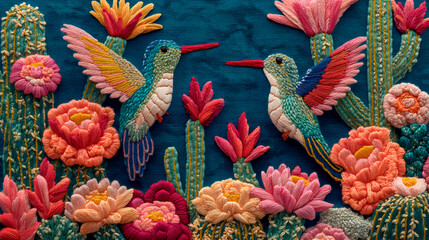 Fototapeta premium Detallado bordado artesanal con colibríes y flores exóticas del desierto, fondo textil maximalista con patrón de cactus y colibrí bordado, primer plano macro de artesanía de bordado