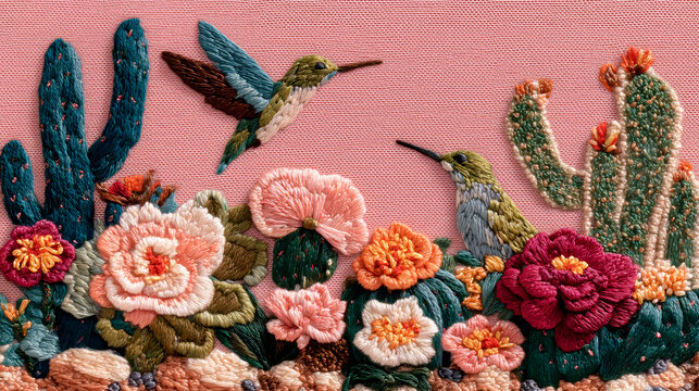 Detallado bordado artesanal con colibr&iacute;es y flores ex&oacute;ticas del desierto, fondo textil maximalista con patr&oacute;n de cactus y colibr&iacute; bordado, primer plano macro de artesan&iacute;a de bordado