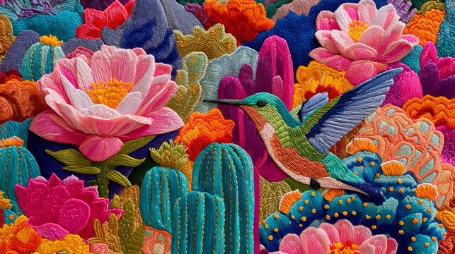 Detallado bordado artesanal con colibr&iacute;es y flores ex&oacute;ticas del desierto, fondo textil maximalista con patr&oacute;n de cactus y colibr&iacute; bordado, primer plano macro de artesan&iacute;a de bordado