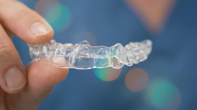 Clear Dental Aligners Held Up Close