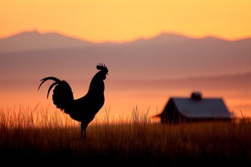Fototapeta premium Crowing rooster at sunrise over distant mountains and farmhouse Generative AI
