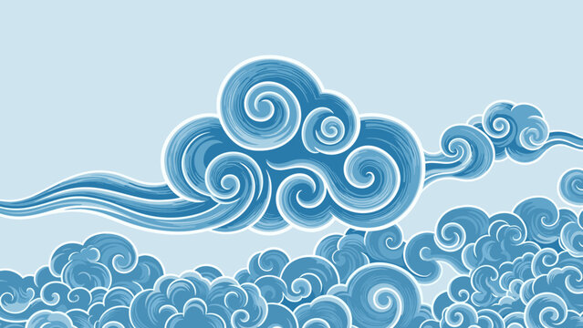 Elegant blue swirling clouds in asian art style on light sky background