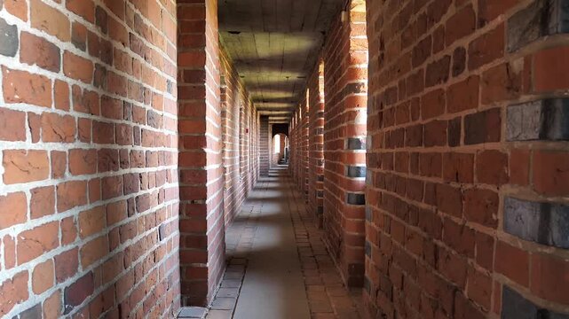 Thick brick walls inside the Malbork Castle, Poland. The biggest brick castle in the world.