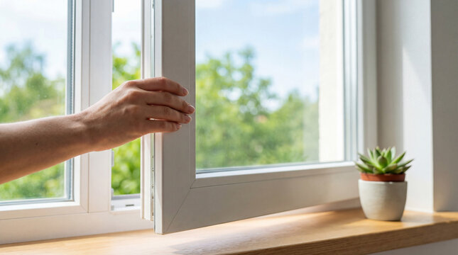 A hand opening a window, allowing fresh air and sunlight into a bright and airy room with greenery outside.