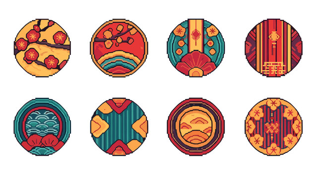 Retro pixel art badges featuring abstract geometric nature motifs