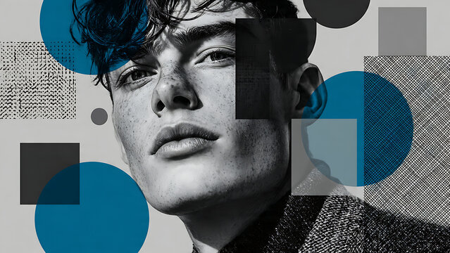 A close-up portrait of a young man with geometric shapes in the background.