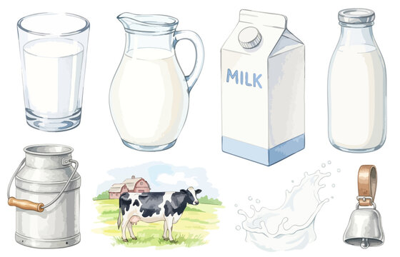牛乳とミルクの製菓素材イラストセット｜瓶・パック・牧場