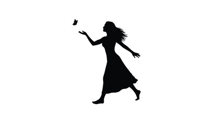 Woman reaching for a butterfly in a striking black silhouette © SAKINA