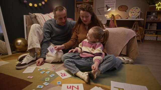 Little girl sitting near her beloved mother while her parents helping her with alphabet, using flash cards