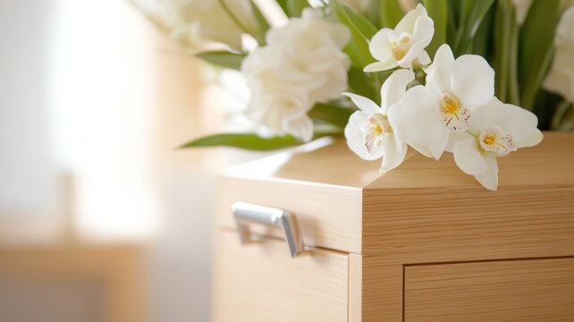 White orchids and delicate flowers resting on a wooden urn, symbolizing remembrance, condolence, and eternal peace