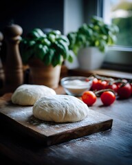 Fototapeta premium Fresh homemade pizza dough balls with flour on wooden board, cherry tomatoes and green basil on rustic kitchen background