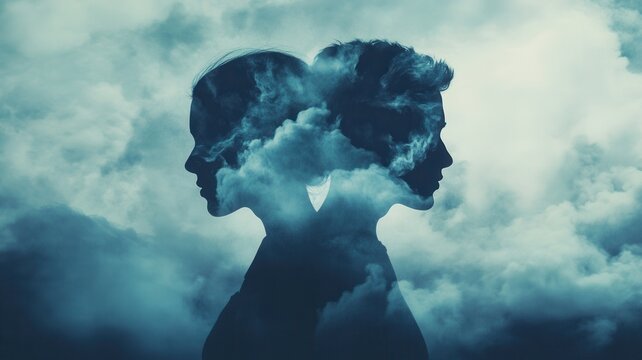 Facing away couple outlines filled with clouds against a cloudy sky, representing thoughts, emotions and mind connection