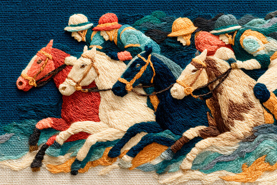 Din&aacute;mica carrera de caballos en arte de bordado textil, textura de hilos de jinetes compitiendo galopando, bordado artesanal de una carrera de h&iacute;pica