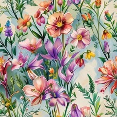 Obraz premium Stylized wildflowers and lush green foliage. A colorful botanical illustration perfect for contemporary textile or fabric design.