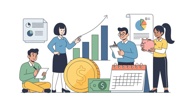 Illustration of a diverse business team collaborating on financial planning and investment strategy, surrounded by charts, money, and a calendar, symbolizing growth and savings.