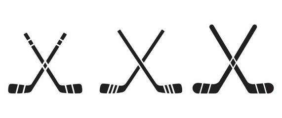 Three crossed black hockey sticks in a simple, iconic vector graphic on white.