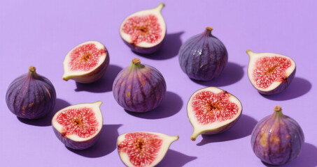 Fresh figs and sliced halves arranged on a soft purple background, showcasing vibrant pink flesh and dark purple skin under even lighting