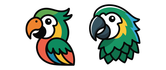 Naklejka premium Colorful cartoon macaws with friendly expressions, vibrant green, yellow, and blue.