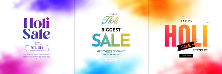 Naklejka premium Happy Holi Sale social media feed template. Holi sale advertisement with vibrant colors. Vector illustration of Happy Holi Sale banner template for app and website