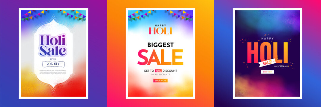 Happy Holi Sale social media feed template. Holi sale advertisement with vibrant colors. Vector illustration of Happy Holi Sale banner template for app and website