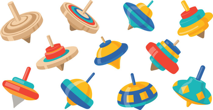 Colorful spinning top toy collection with wooden and plastic designs flat vector illustration set