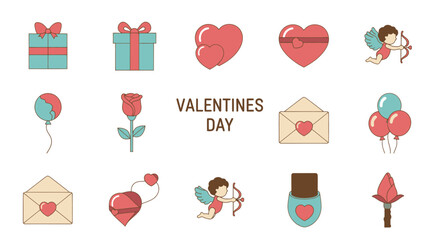 Valentine's Day Icons: Hearts, Cupids, Gifts, Balloons, Roses, Envelopes
