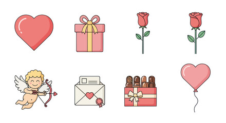 Valentine's Day Icons Set: Heart, Rose, Cupid, Gift Box, Envelope, Chocolates, Balloon