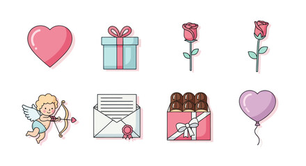 Valentine's Day Icons: Heart, Cupid, Roses, Gift, Chocolate, Balloon, Envelope