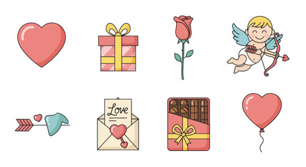 Valentine's Day Icons: Heart, Rose, Gift, Cupid, Chocolate, Love Letter, Balloon, Arrow